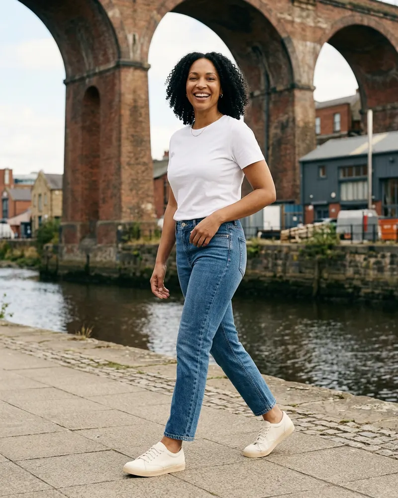 Organic Canvas Trainer in Ecru, worn with straight jeans by the Ouseburn river
