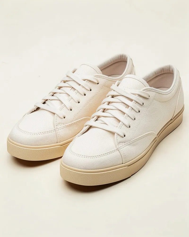 Organic Canvas Trainer in Ecru, a pair shown at three-quarters: low-top organic canvas trainers with a natural rubber cupsole and cotton laces