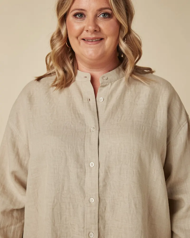 Close-up of the Oversized Linen Grandad Shirt in Sand: grandad collar