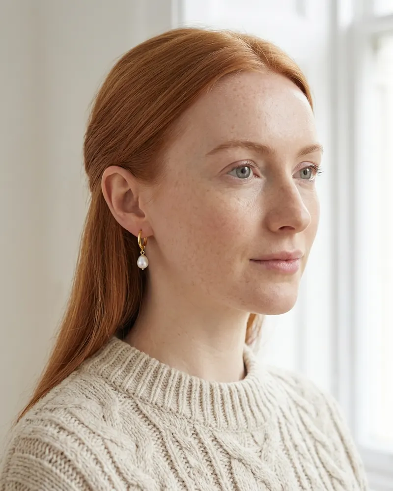 Pearl Charm Huggie Hoop Earrings in Gold Vermeil, worn with a cable-knit jumper and hair pinned up