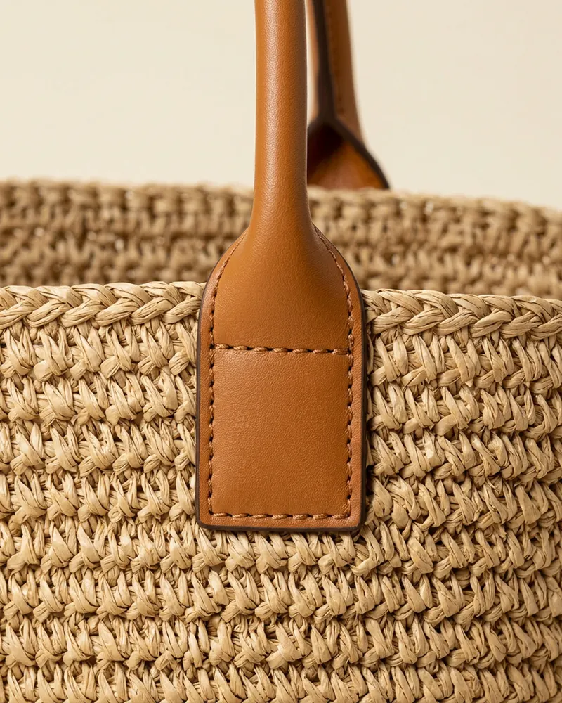 Close-up of the Raffia Basket Bag in Natural: hand-woven raffia