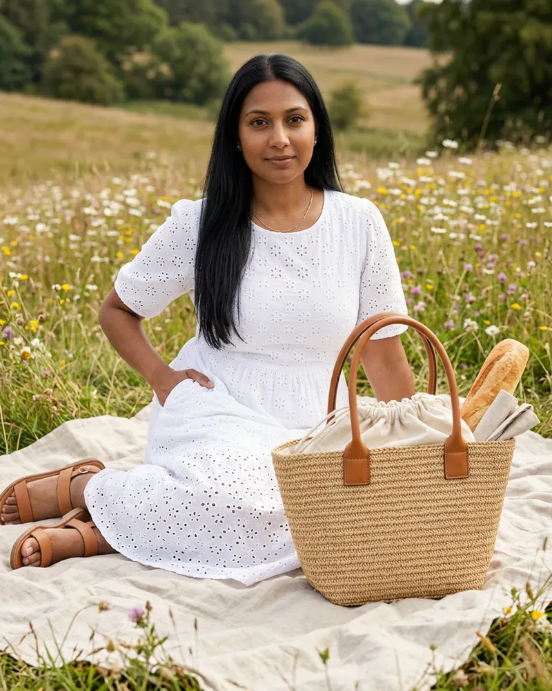 Raffia Basket Bag in Natural, on a picnic blanket in a meadow