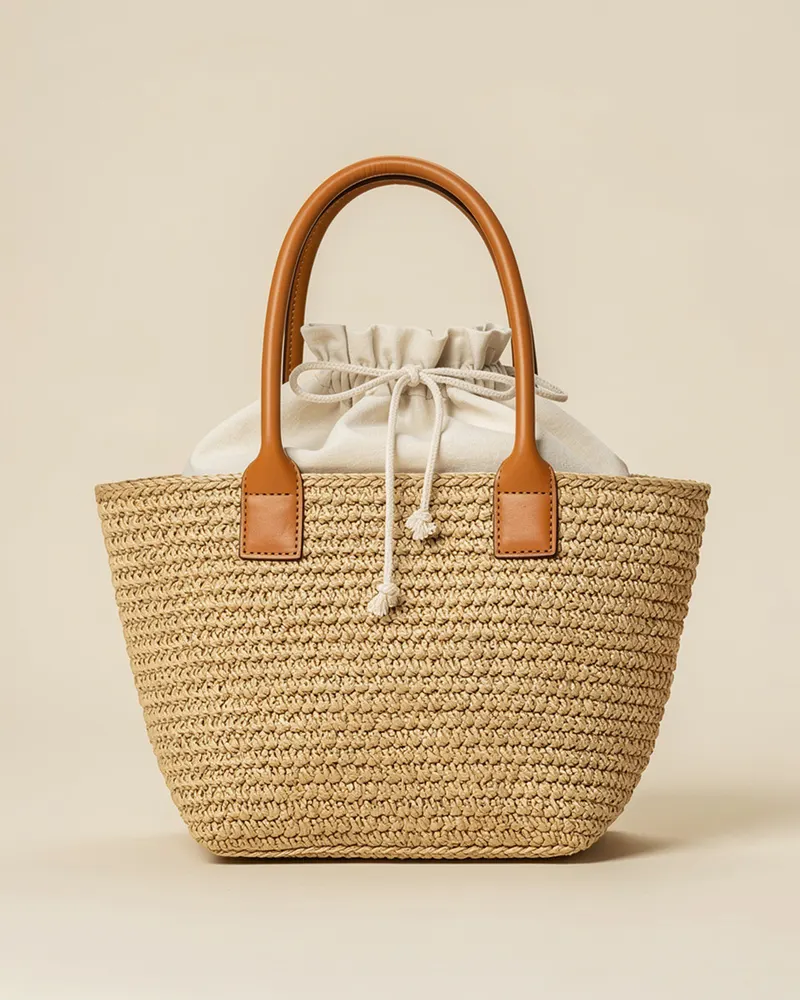 Raffia Basket Bag in Natural, front view: a hand-woven raffia basket bag with rolled leather handles and a drawstring cotton lining