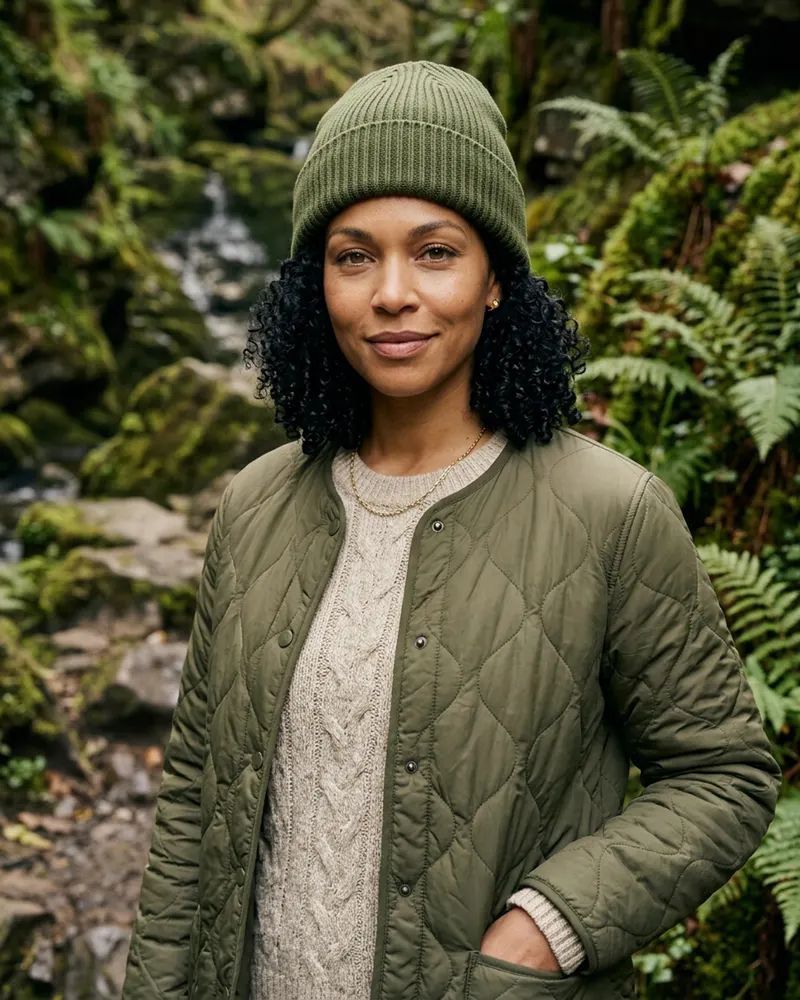 Ribbed Merino Beanie Hat in Moss, on a walk to Hareshaw Linn waterfall