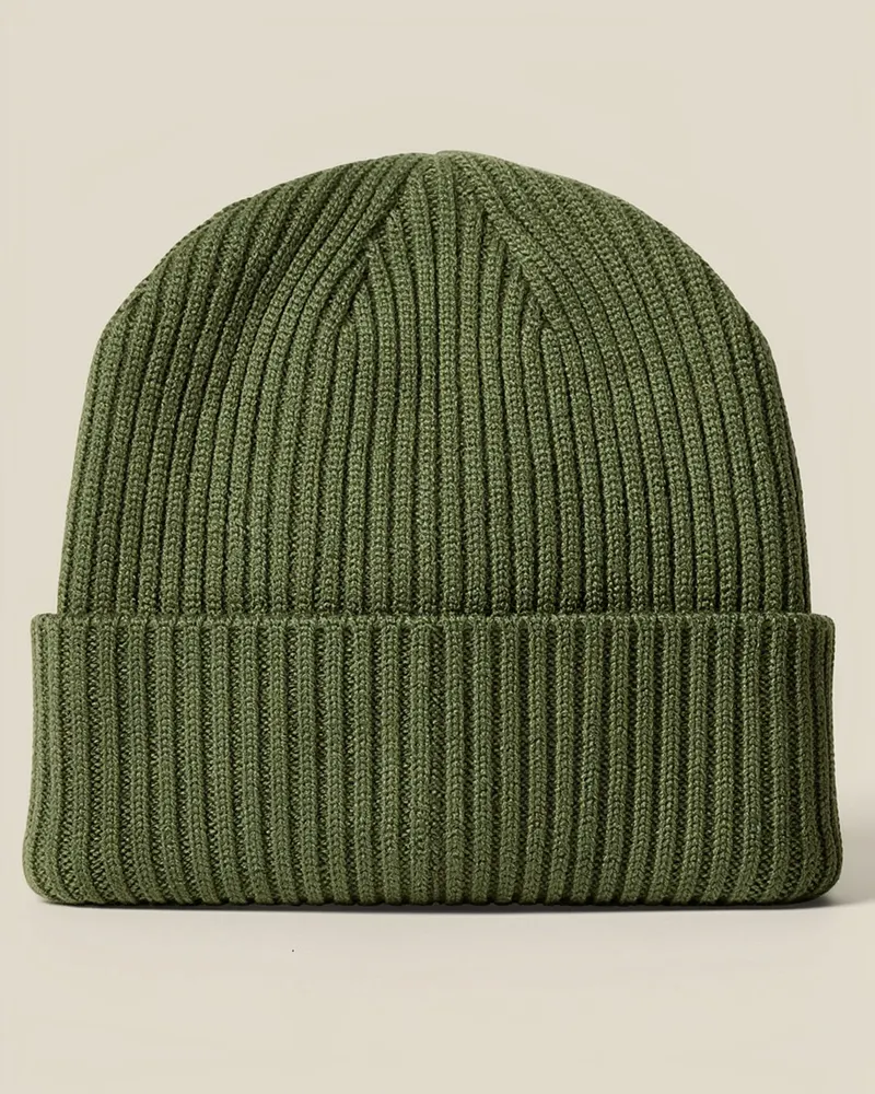 Ribbed Merino Beanie Hat in Moss: a soft ribbed merino wool beanie with a deep turn-up