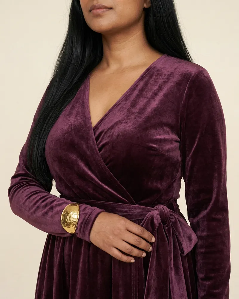 Close-up of the Rosalind Velvet Wrap Dress in Damson: stretch velvet