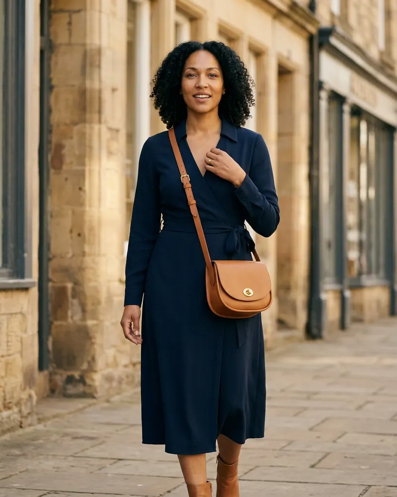 Sadie Leather Crossbody Bag in Tan, worn across the body with a wrap dress on a town street