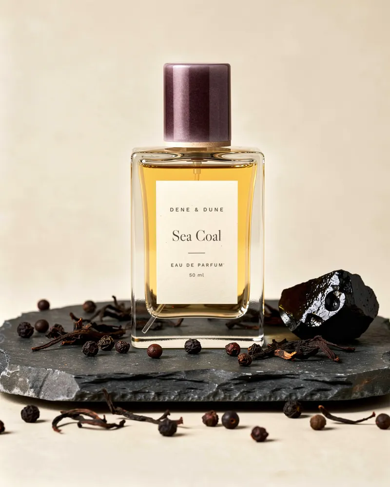 Sea Coal Eau de Parfum with raw materials from its notes: black peppercorns, smoked lapsang tea leaves and a piece of sea coal on a slate