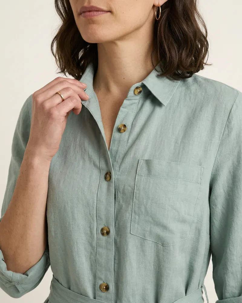Close-up of the Seaton Linen Shirt Dress in Sea Glass: relaxed fit that falls below the knee