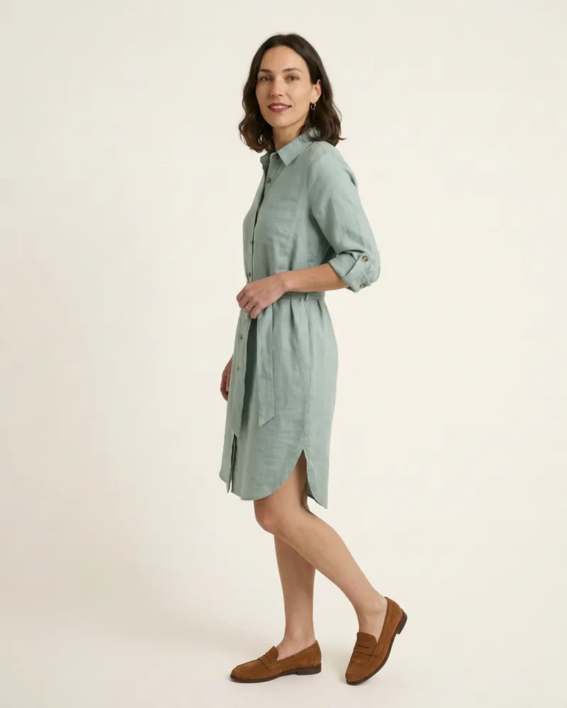 Seaton Linen Shirt Dress in Sea Glass, side view facing right