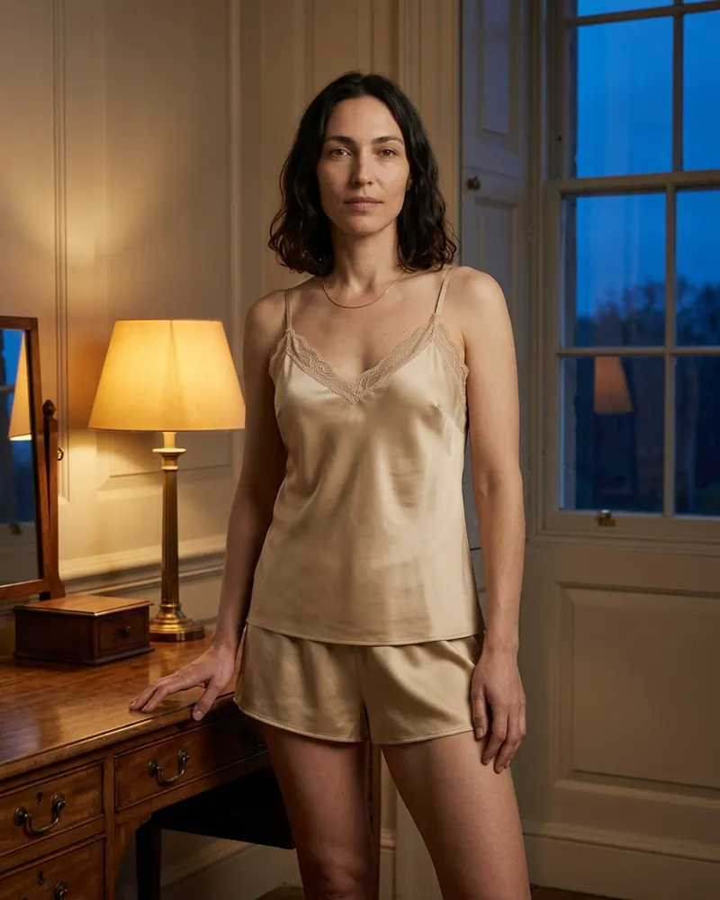 Silk Lace-Trim Camisole in Champagne, with matching silk tap shorts in a softly lit bedroom on a warm evening