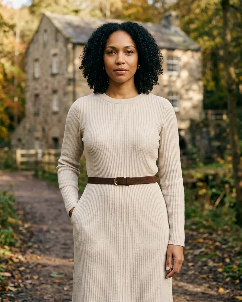 Slim Suede Waist Belt in Chocolate, worn at the waist over a knitted dress