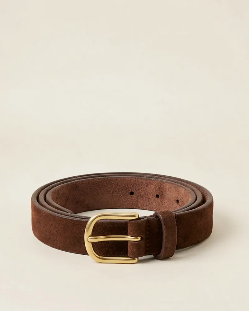 Slim Suede Waist Belt in Chocolate: a slim 2cm suede waist belt with a small gold-tone buckle