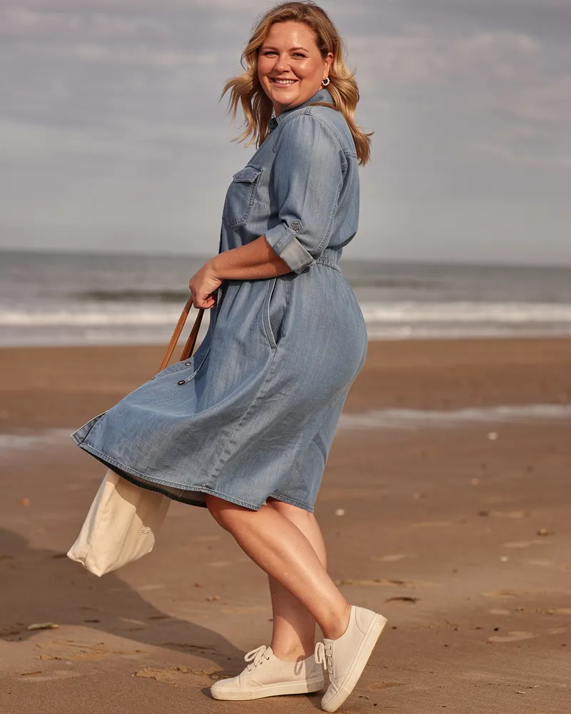 Soft Denim Shirt Dress in Mid Blue, on the long sands at Druridge Bay with trainers and a canvas tote