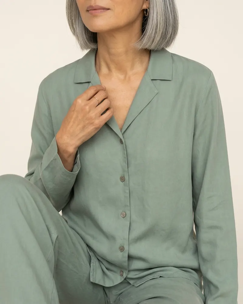 Close-up of the Solène Silk Pyjama Set in Sage: sandwashed silk