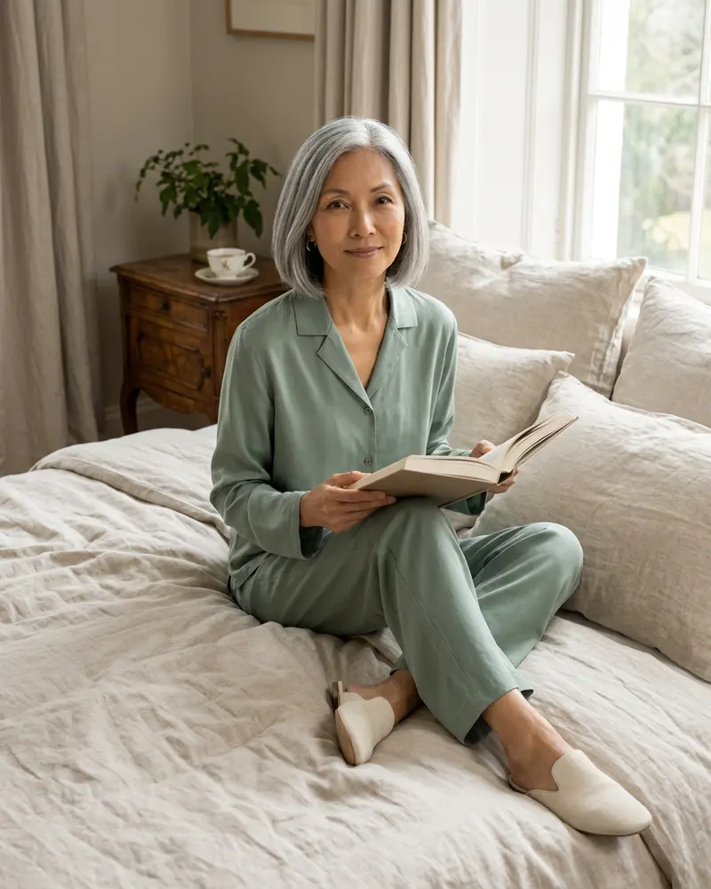 Solène Silk Pyjama Set in Sage, reading on a linen-covered bed in soft morning light
