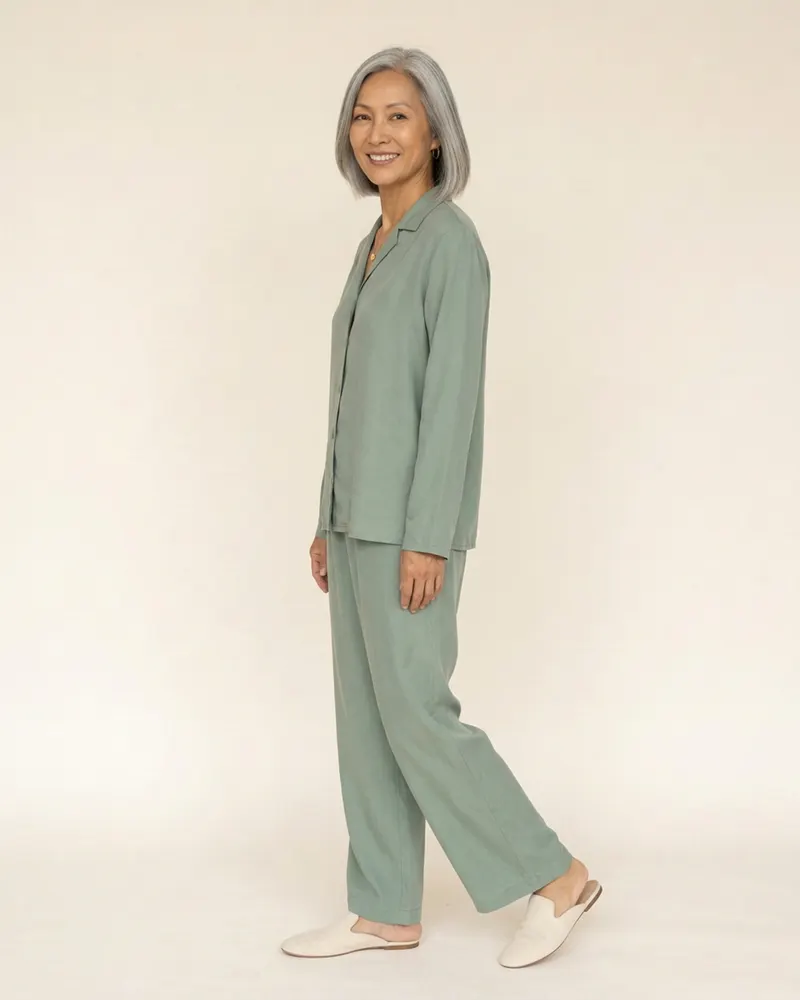 Solène Silk Pyjama Set in Sage, side view facing left