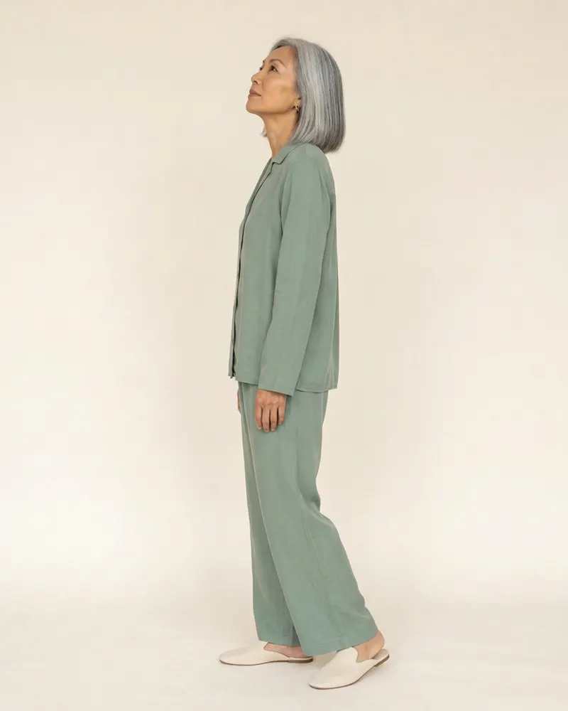 Solène Silk Pyjama Set in Sage, side view facing right