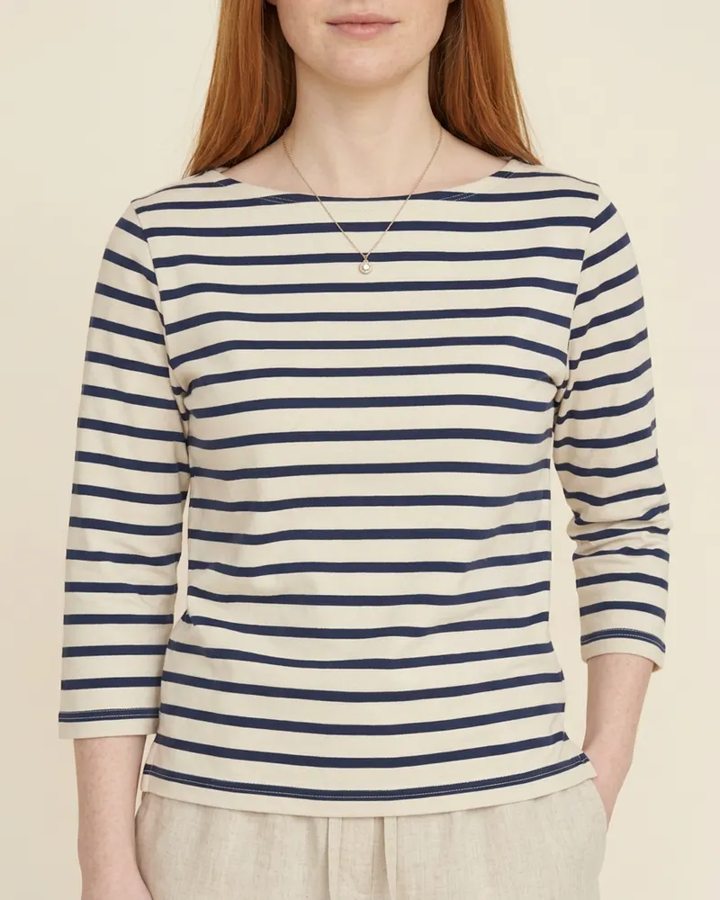 Close-up of the Striped Cotton Breton Top in Ecru and Navy: wide boat neck