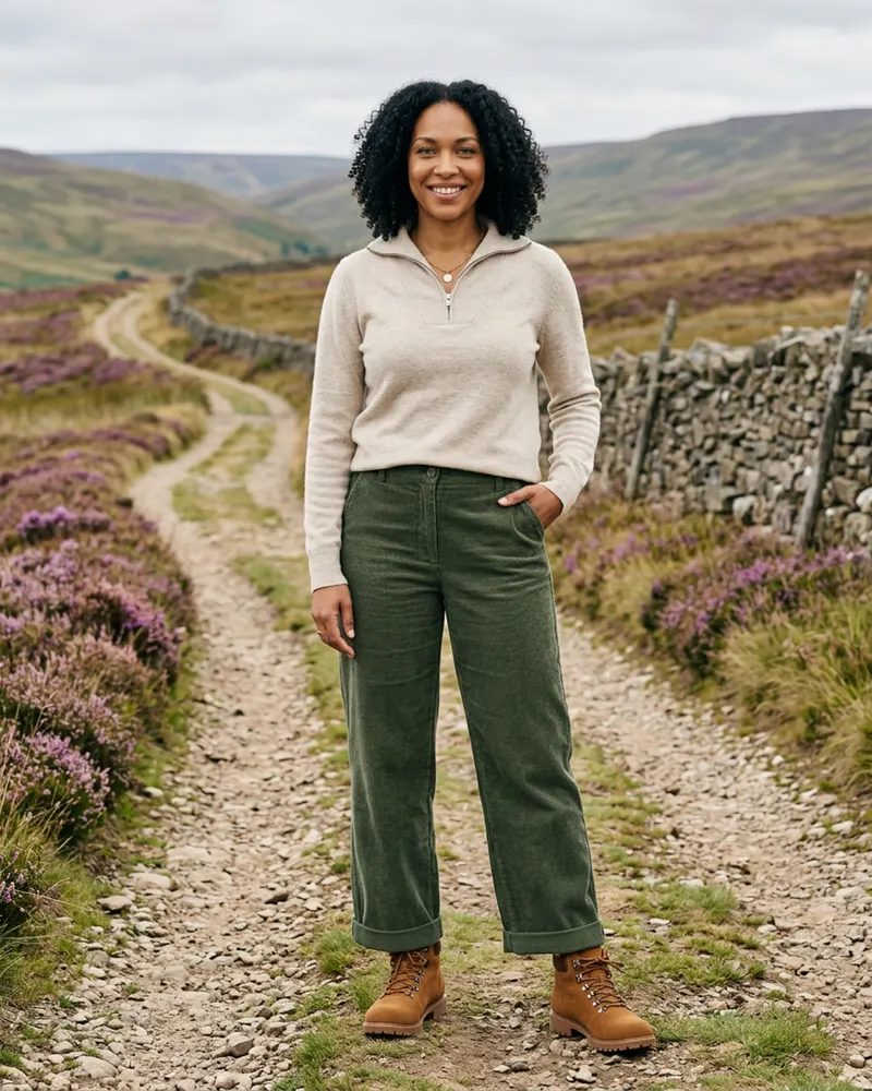Suede Hiker Boot in Tobacco, worn with cord trousers on a Weardale moorland track