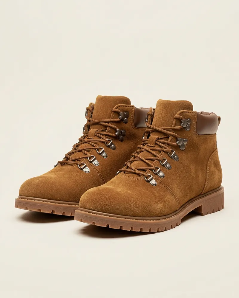 Suede Hiker Boot in Tobacco, a pair shown at three-quarters: lace-up suede hiking-style ankle boots with a padded collar, metal eyelets and a chunky rubber sole