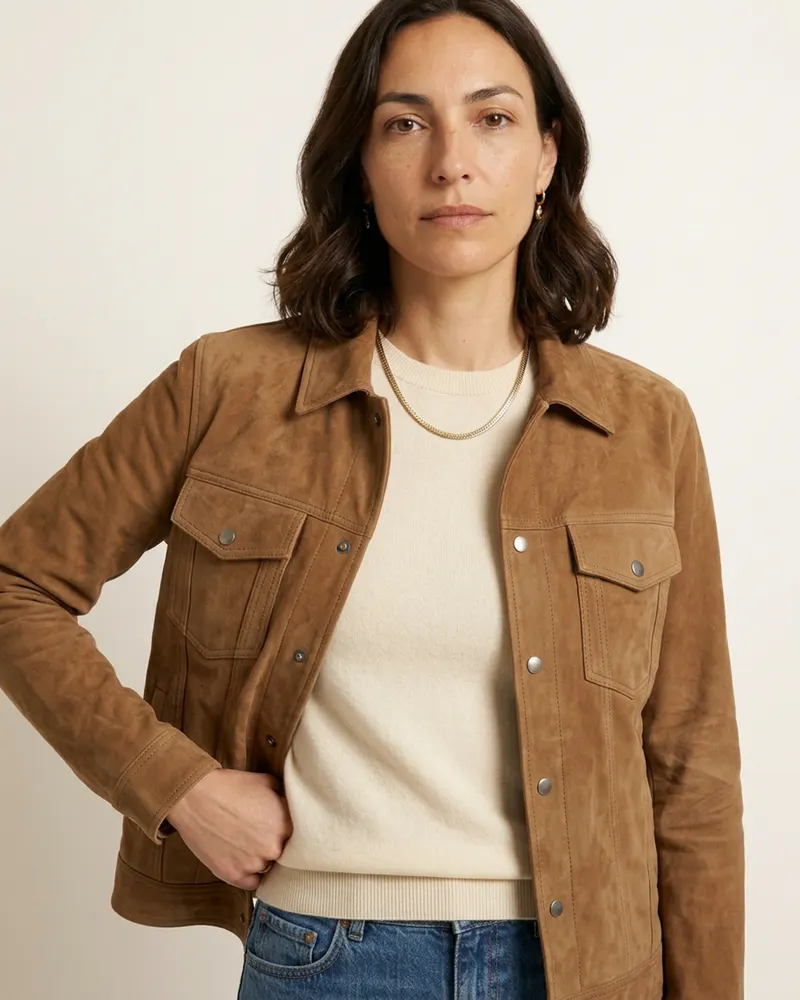 Close-up of the Tess Suede Jacket in Tan: goat suede