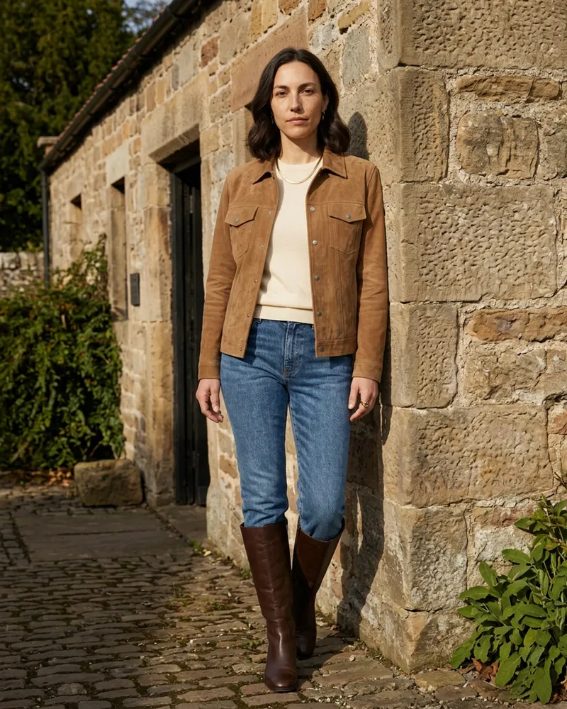 Tess Suede Jacket in Tan, outside a village forge with jeans and knee boots
