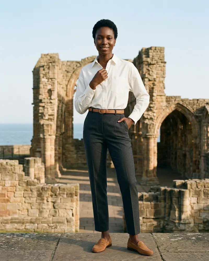 Tynemouth Poplin Shirt in White, tucked into tailored trousers at Tynemouth Priory on a clear morning