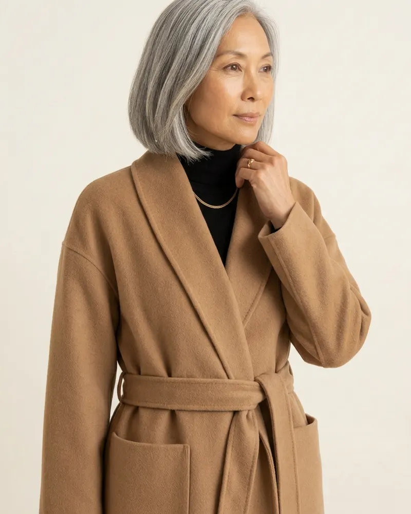 Close-up of the Vera Wool Wrap Coat in Camel: double-faced wool, unlined