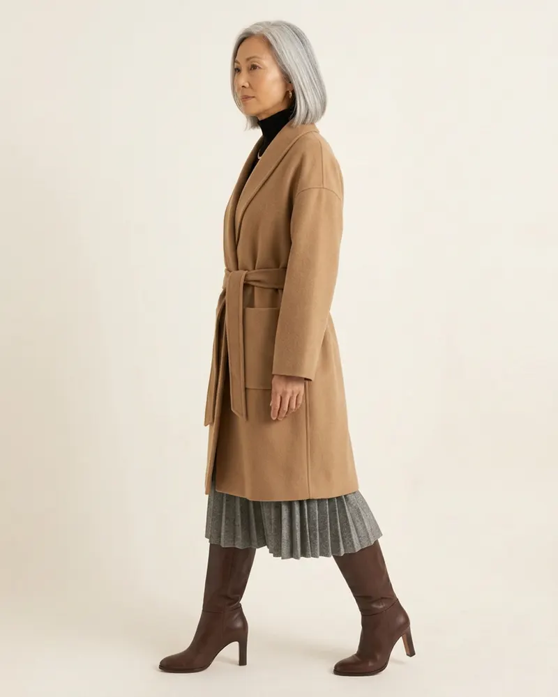 Vera Wool Wrap Coat in Camel, side view facing left
