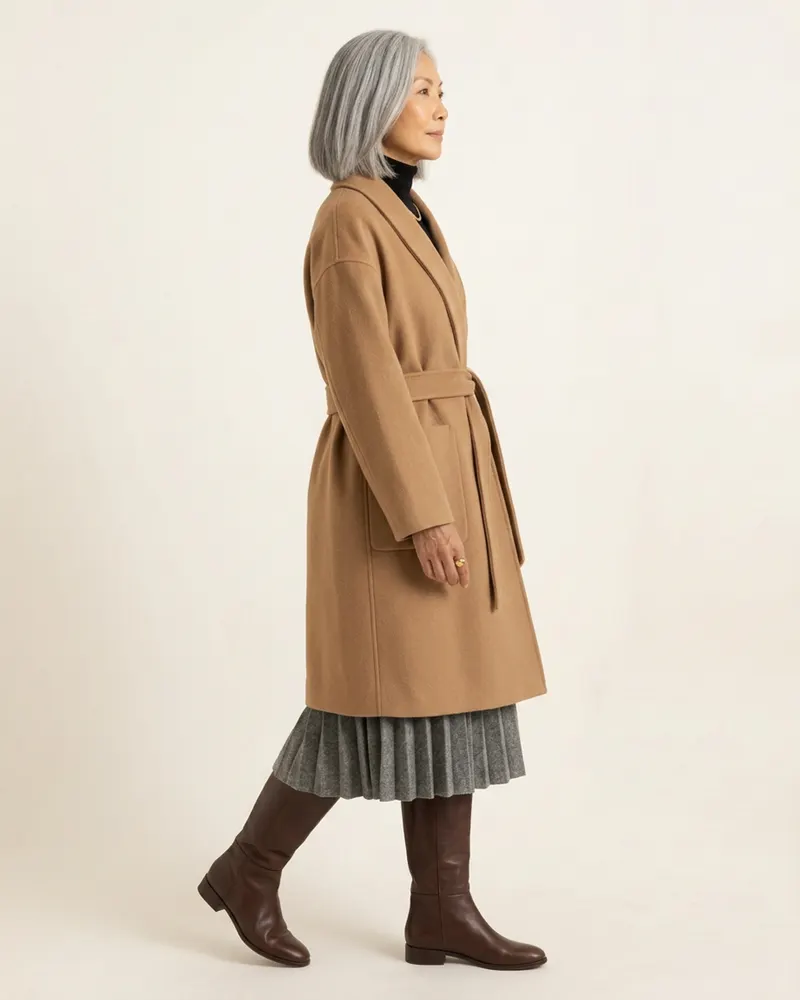 Vera Wool Wrap Coat in Camel, side view facing right