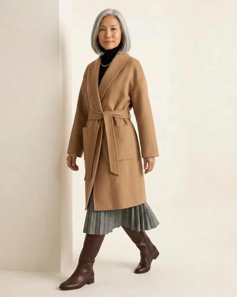 Vera Wool Wrap Coat in Camel, three-quarter view showing the drape