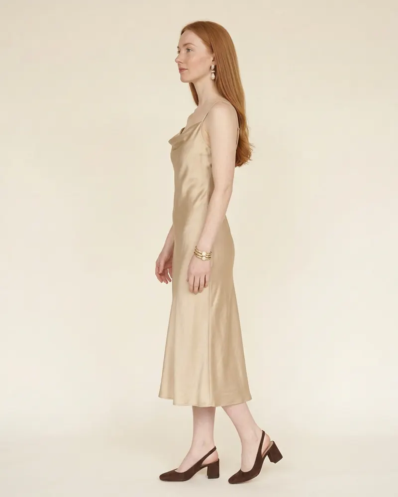 Vesper Silk-Blend Slip Dress in Champagne, side view facing right