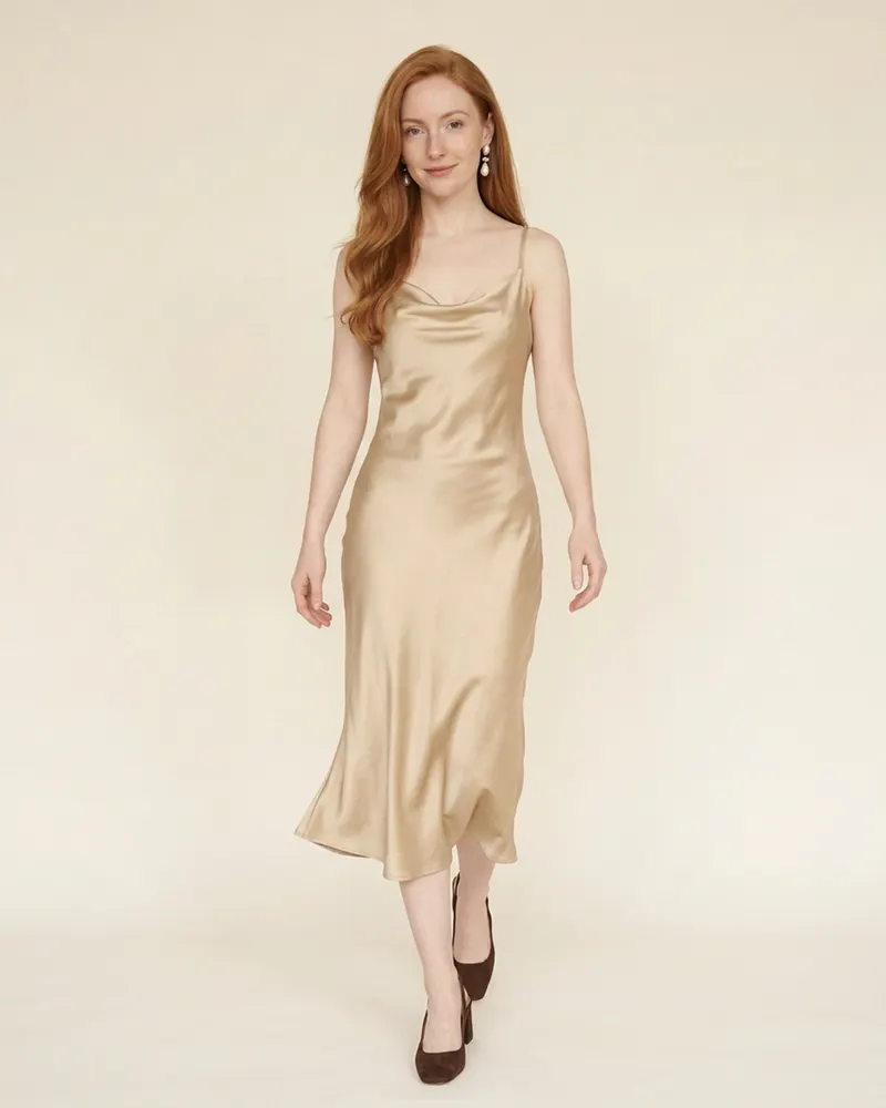 Vesper Silk-Blend Slip Dress in Champagne, three-quarter view showing the drape