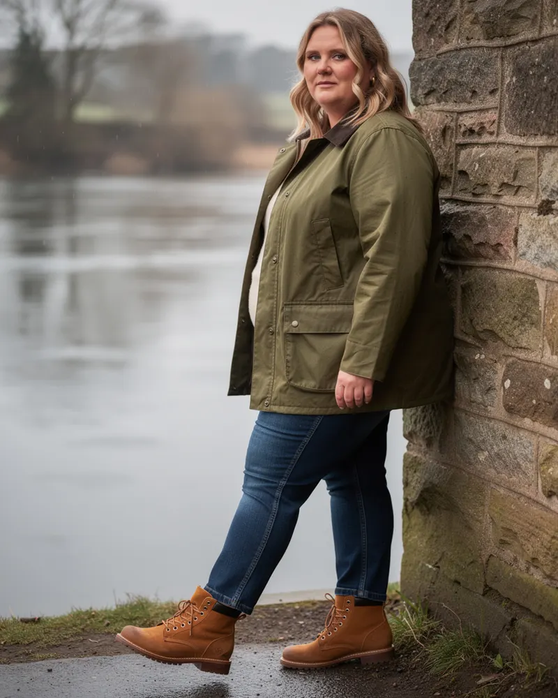 Waxed Cotton Field Jacket in Olive, by the river at Etal on a drizzly afternoon