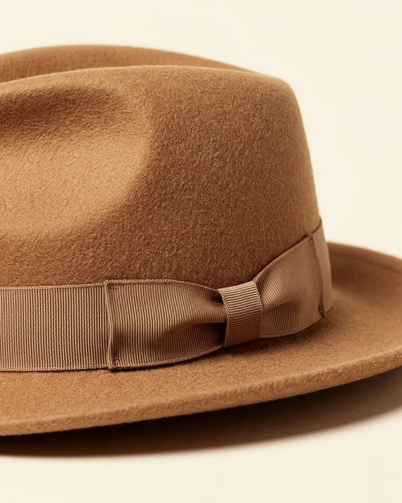 Close-up of the Wool Felt Fedora Hat in Camel: wool felt