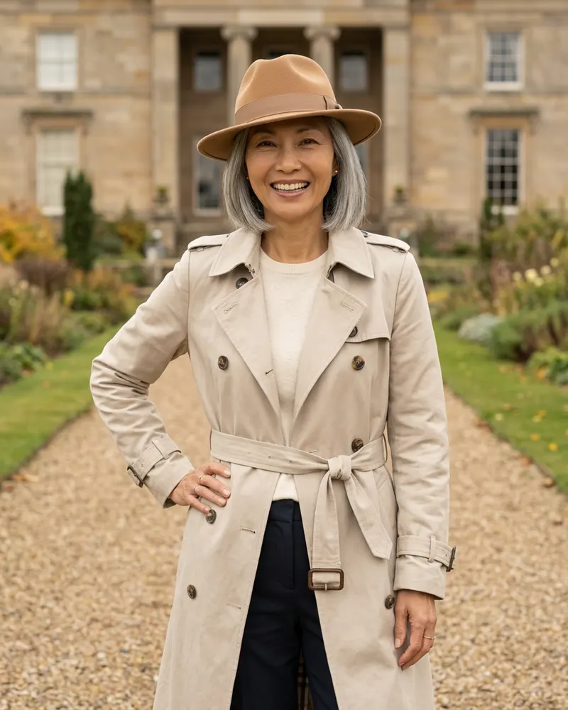 Wool Felt Fedora Hat in Camel, worn with a trench in the gardens of a country hall