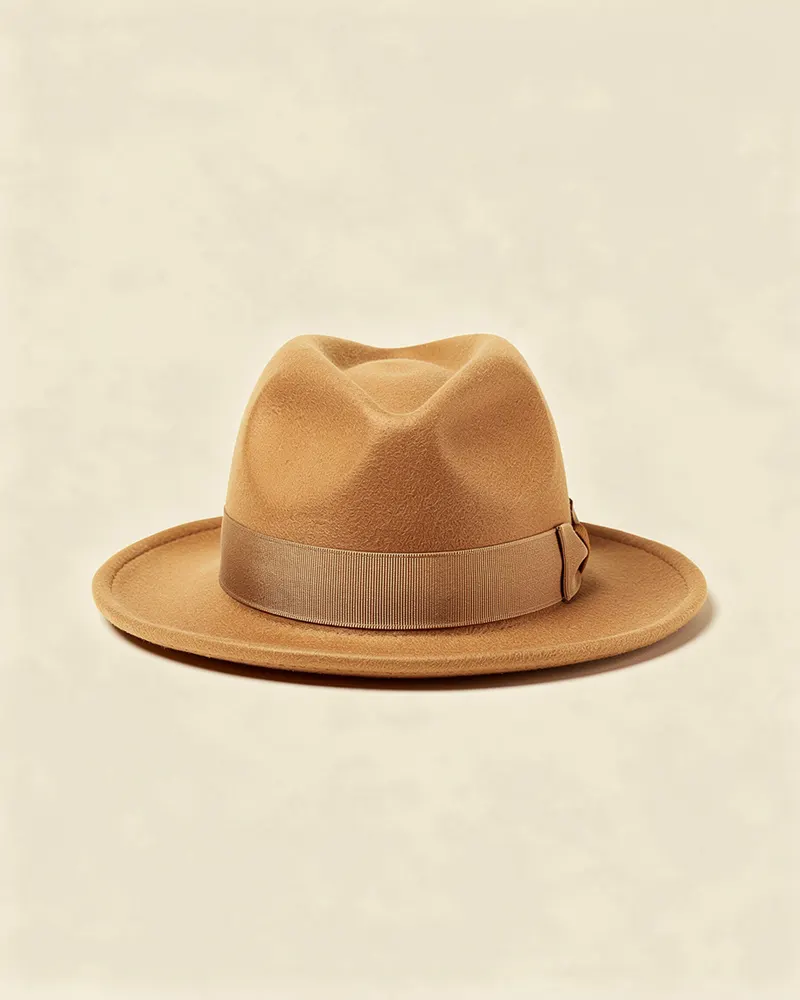 Wool Felt Fedora Hat in Camel: a wool felt fedora with a pinched crown, a 7cm brim and a tonal grosgrain band